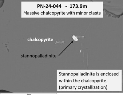 Figure 2 – Scan of PGE Stannopalladinite hosted in massive chalcopyrite (CNW Group/Power Metallic Mines Inc.) Figure 2 – Scan of PGE Stannopalladinite hosted in massive chalcopyrite (CNW Group/Power Metallic Mines Inc.)