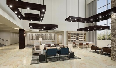 The reimagined lobby at Bloomington-Normal Marriott Hotel & Conference Center, featuring modern lighting, stylish seating areas, and locally inspired design elements.