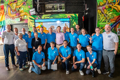 Colorado Governor Jared Polis and Denver Mayor Mike Johnston with the Gay Games Denver 2030 Bid Committee, and Federation of Gay Games Board Members and Official Site Inspectors at Community Night, one of many events during the site visit July 15-18, 2025. Photo: Brent Andeck / Andeck Photo