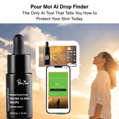 Pour Moi’s Smoke Alarm Drops, featuring the brand’s exclusive AI-powered Drop Finder, scan real-time air quality to personalize daily skincare protection. The beauty tech tool connects climate data to dosage guidance via a QR code located on the back of the bottle.