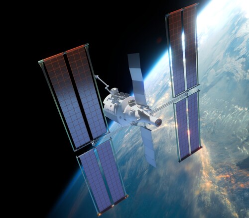 Rendering of Starlab space station in orbit above Earth Rendering of Starlab space station in orbit above Earth