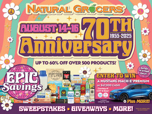 Natural Grocers® Celebrates 70th Anniversary With Groovy Savings, Freebies and a Chance to Win a Mustang Mach-E® Premium, Aug. 14-16, 2025