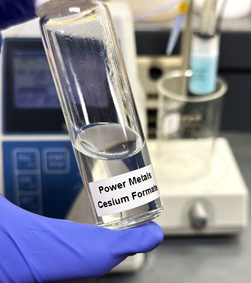 Figure 1 – Sample of 99.8% cesium formate solution with density 2.23 g/mL produced from West Joe pollucite concentrate (CNW Group/Power Metals Corp.)