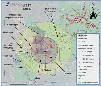 Figure 2: Plan map of the Panuco property highlighting resource extension (purple circle) and proximal exploration targets in the west (orange circle). The blue wavy lines in the west represent the recently completed ground HLEM survey lines. (CNW Group/Vizsla Silver Corp.) Figure 2: Plan map of the Panuco property highlighting resource extension (purple circle) and proximal exploration targets in the west (orange circle). The blue wavy lines in the west represent the recently completed ground HLEM survey lines. (CNW Group/Vizsla Silver Corp.)