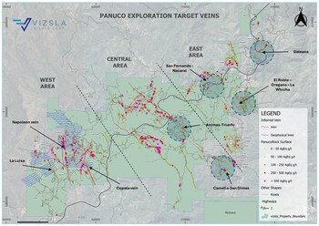Figure 3: Plan map of the Panuco property highlighting high priority district-wide targets in the central-northeast areas (blue circles). Blue wavy lines in the west represent the ground HLEM survey lines in the west area. Main veins with mineral resources in the west are also shown. (CNW Group/Vizsla Silver Corp.) Figure 3: Plan map of the Panuco property highlighting high priority district-wide targets in the central-northeast areas (blue circles). Blue wavy lines in the west represent the ground HLEM survey lines in the west area. Main veins with mineral resources in the west are also shown. (CNW Group/Vizsla Silver Corp.)