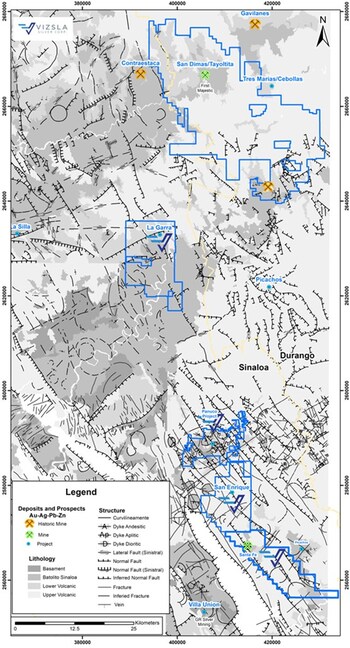 Figure 4: Regional geology (source Servicio Geologico Mexicano) showing the Panuco - San Dimas corridor with La Garra, Panuco, San Enrique and Santa Fe projects. (CNW Group/Vizsla Silver Corp.) Figure 4: Regional geology (source Servicio Geologico Mexicano) showing the Panuco - San Dimas corridor with La Garra, Panuco, San Enrique and Santa Fe projects. (CNW Group/Vizsla Silver Corp.)