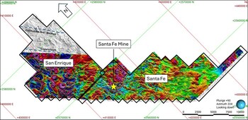 Figure 5: Plan map of the Santa Fe and San Enrique showing airborne magnetic map (Analytical signal) overlain on the LiDAR elevation model. Notice the strong magnetic lineaments within Santa Fe project area. The location of the Copala fault and Cordon del Oro – Animas structural lineaments (extending from the north in Panuco) are shown as blue dash lines in San Enrique (no magnetic data). (CNW Group/Vizsla Silver Corp.) Figure 5: Plan map of the Santa Fe and San Enrique showing airborne magnetic map (Analytical signal) overlain on the LiDAR elevation model. Notice the strong magnetic lineaments within Santa Fe project area. The location of the Copala fault and Cordon del Oro – Animas structural lineaments (extending from the north in Panuco) are shown as blue dash lines in San Enrique (no magnetic data). (CNW Group/Vizsla Silver Corp.)