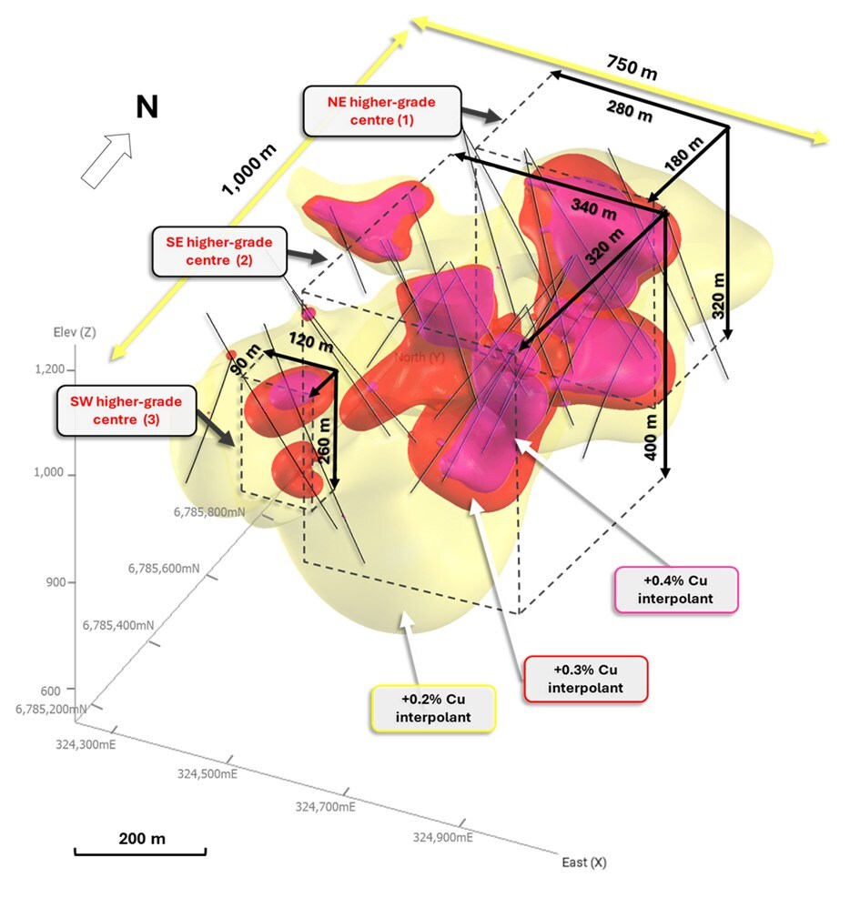 Figure 1. Oblique long-section of La Verde Cu-Au porphyry discovery (facing 335 azimuth +35 plunge) outlining the size potential of the emerging higher-grade centres and the broader copper mineralisation model, which remains open in all directions. Copper interpolants displayed as 3D meshes, drillholes displayed as thin black traces. For full details of the drilling intercepts and assay results to date, refer to the Company's announcement "Hot Chili Announces Latest Drill Results for La Verde" dated 19 May 2025. (CNW Group/Hot Chili Limited) Figure 1. Oblique long-section of La Verde Cu-Au porphyry discovery (facing 335 azimuth +35 plunge) outlining the size potential of the emerging higher-grade centres and the broader copper mineralisation model, which remains open in all directions. Copper interpolants displayed as 3D meshes, drillholes displayed as thin black traces. For full details of the drilling intercepts and assay results to date, refer to the Company's announcement "Hot Chili Announces Latest Drill Results for La Verde" dated 19 May 2025. (CNW Group/Hot Chili Limited)