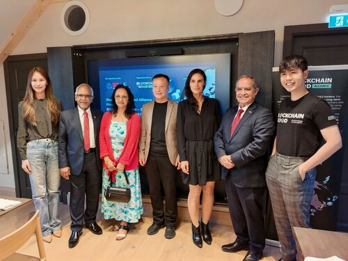Caption (from left to right): Una Wang, Co‑Founder of SGIGF; His Excellency Dharambeer Gokhool, President of the Republic of Mauritius; First Lady Brinda Gokhool of Mauritius; Henry Wang, Co‑Founder of SGIGF; National Deputy of Argentina Pamela Calletti; Senator of Chile Kenneth Pugh; Director of Global Affairs at the Blockchain for Good Alliance, Glenn Tan. (PRNewsfoto/Bybit,Blockchain for Good Alliance (BGA))