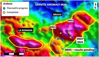 Figure 1 - Gravity anomaly map showing La Romana and the Bravo target, and Bravo drillhole locations Figure 1 - Gravity anomaly map showing La Romana and the Bravo target, and Bravo drillhole locations