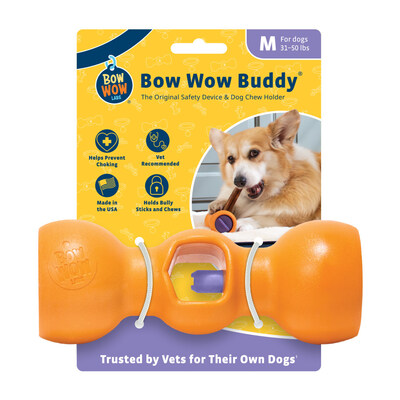 The Bow Wow Buddy safety device secures long-term chews like bully sticks, helping prevent dogs from choking on the last bite of a chew. As the first patented safety device for dogs, the Bow Wow Buddy features:
●	A variety of sizes, tailored to a dog’s weight
●	A recommendation by 4 out of 5 vets after firsthand experience
●	Made in the U.S.A. with safe, durable, BPA-free construction; dishwasher-safe for easy cleaning
●	Availability of hand-selected SafeFit chews from Bow Wow Labs