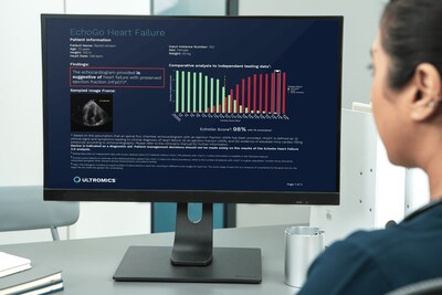 Clinician reviews EchoGo® Heart Failure report indicating signs of Heart Failure Clinician reviews EchoGo® Heart Failure report indicating signs of Heart Failure