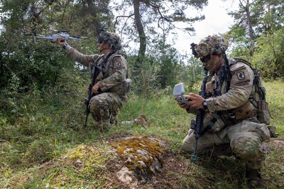 U.S. Army soldiers prepare a Skydio drone for launch during a training exercise. (Photo by Sgt. Elliott Kim, 145th Mobile Public Affairs Detachment.