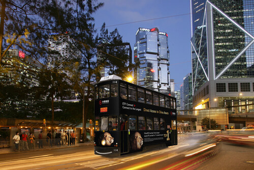 A Hong Kong Tram carrying ChinaAMC's ad roams across the street A Hong Kong Tram carrying ChinaAMC's ad roams across the street