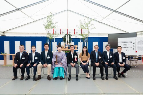 From left to right at the groundbreaking ceremony: Mr. Jimmy Yu, Senior Vice President, DayOne Data Centers, Mr. Andy Okada, Board of Director, DayOne Data Centers; Mr. William Huang, Chairman, DayOne Data Centers; (priest); Mr. Kenneth Gaw, President, Managing Principal, Gaw Capital Partners; Isabella Lo, Managing Director, Principal - Investments & Head of Japan, Gaw Capital Partners; Edward Law, Managing Director - Asset Management (APAC), Gaw Capital Partners; Daisuke Taniguchi, Managing Director - Head of Asset Management, Japan, Gaw Capital Partners; Nicholas Toh, Managing Director - Head of Data Center Platform, Asia (Ex-China), Gaw Capital Partners (PRNewsfoto/DayOne Data Centers)