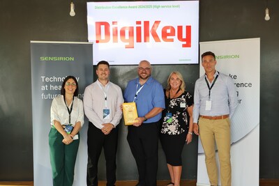 DigiKey and Sensirion leadership teams celebrate DigiKey receiving the 2025 Distribution Excellence Award – High Service Level from Sensirion. Pictured from left to right: Gina Greco, Sean Sorteberg, Jason Gums, Diane Haynes and Andres Laib. DigiKey and Sensirion leadership teams celebrate DigiKey receiving the 2025 Distribution Excellence Award – High Service Level from Sensirion. Pictured from left to right: Gina Greco, Sean Sorteberg, Jason Gums, Diane Haynes and Andres Laib.