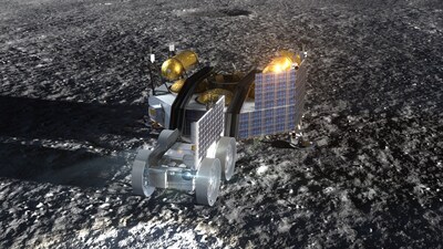 A rendering of Astrolab's FLEX Lunar Innovation Platform (FLIP) rover on the Moon after egress from Astrobotic's Griffin lander. FLIP will test technologies for future lunar mobility systems and deliver science payloads to the Lunar South Pole. (Image courtesy of Astrolab)