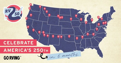 Go RVing graphic of a map of the USA that says "Celebrate America's 250th"