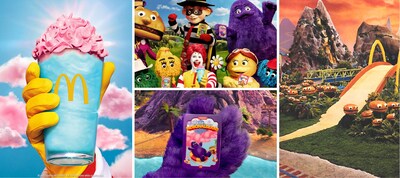 Discover McDonaldland: (Left to right) Refresh yourself with the Mt. McDonaldland Shake, score a souvenir with one of six collectible tins inspired by the characters and discover more than 50 years of rich history (imagery from the 1970 McDonaldland Specification Manual).