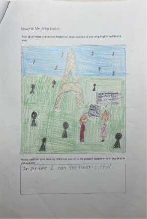 Seorang siswa SD asal Vietnam menggambar momen berbincang dalam bahasa
Inggris dan berlibur ke Paris. (PRNewsfoto/Cambridge University Press & Assessment)