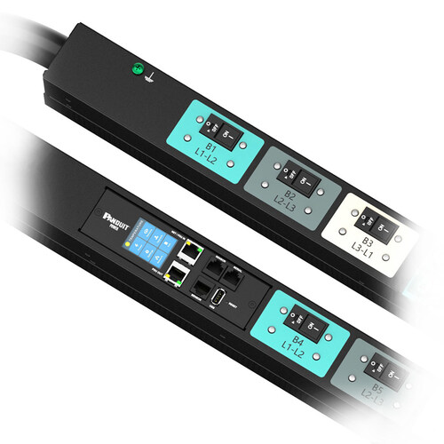 Showing two Panduit EL2P intelligent power distribution units - black, white, and turquoise