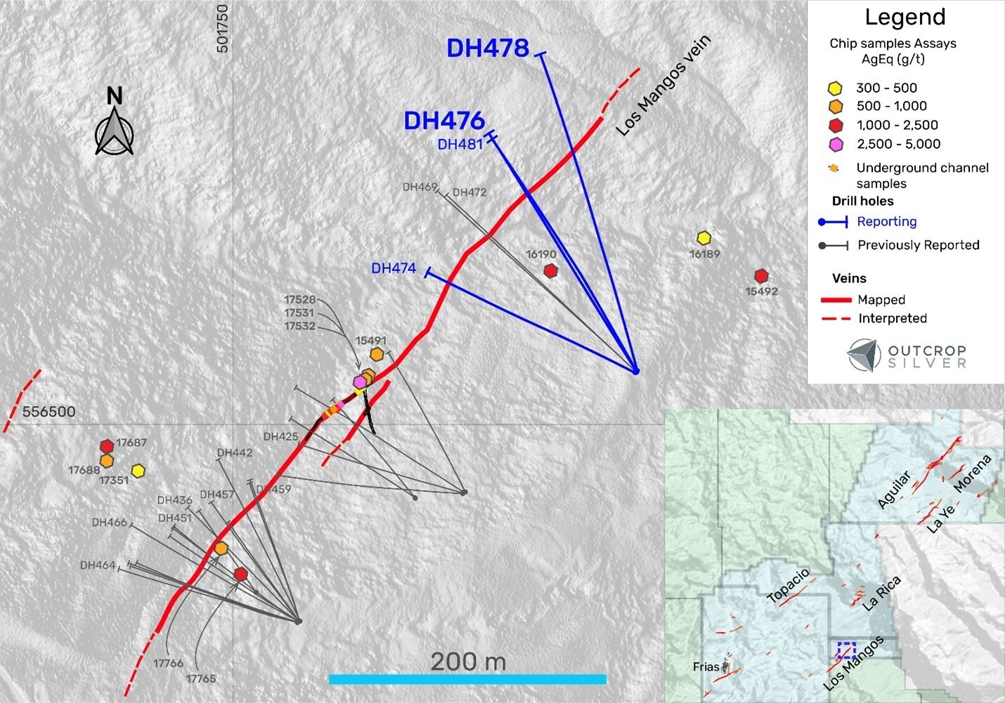 Figure 1. The plan view of the Los Mangos vein target shows the drill holes reported in this release (Table 1), previously reported holes (Table 3), and surface exploration samples (Table 2). Coordinates are in the UTM system, zone 18N, and WGS84 projection. Hole DH474 intercepted 2.11 m of quartz vein and breccias with No Significant Results in the Los Mangos vein, while hole DH481 intercepted 1.33 m of quartz veining with No Significant Results. No Significant Result means an intercept lower than 200 g/t AgEq1. (CNW Group/Outcrop Silver & Gold Corporation) Figure 1. The plan view of the Los Mangos vein target shows the drill holes reported in this release (Table 1), previously reported holes (Table 3), and surface exploration samples (Table 2). Coordinates are in the UTM system, zone 18N, and WGS84 projection. Hole DH474 intercepted 2.11 m of quartz vein and breccias with No Significant Results in the Los Mangos vein, while hole DH481 intercepted 1.33 m of quartz veining with No Significant Results. No Significant Result means an intercept lower than 200 g/t AgEq1. (CNW Group/Outcrop Silver & Gold Corporation)