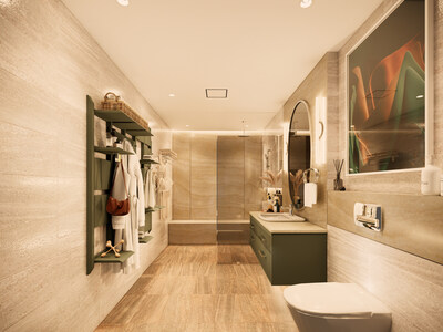  SereniScape Retreat, a hospitality bathroom design that blends American Standard Loven’s warm curves, Aero-lite’s sleek profile, and customizable storage for a personalized stay experience.