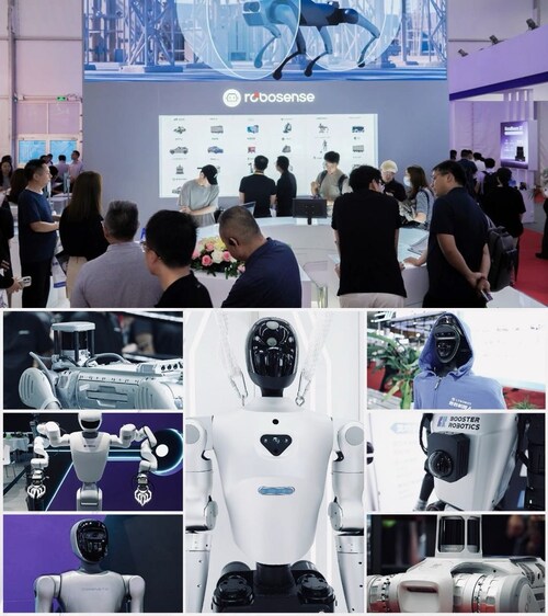 Exhibition Scene (Top) & Robots Equipped with RoboSense LiDAR (Bottom)