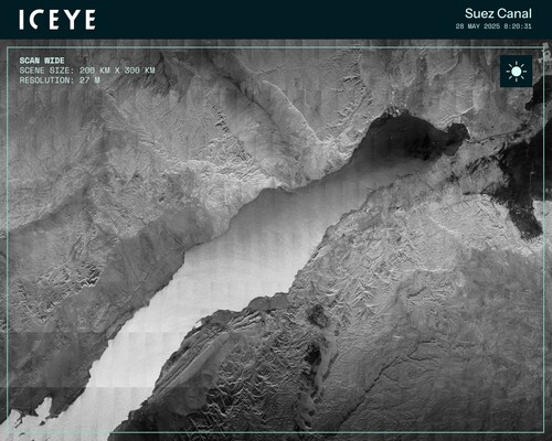 ICEYE SAR Scan Wide image of the Suez Canal. ICEYE SAR Scan Wide image of the Suez Canal.
