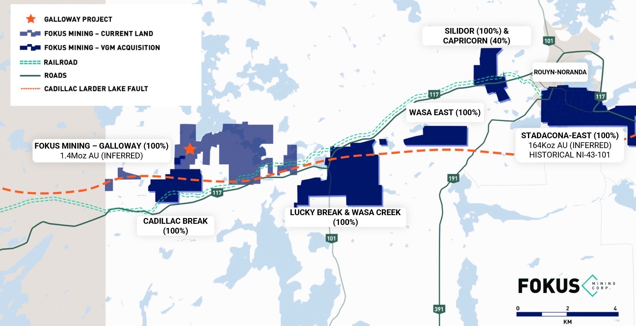 Figure 1 – Fokus Mining’s Expanded Land Package along the Cadillac‑Larder Lake Fault (CNW Group/Fokus Mining Corporation) Figure 1 – Fokus Mining’s Expanded Land Package along the Cadillac‑Larder Lake Fault (CNW Group/Fokus Mining Corporation)