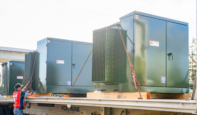 Three Maddox padmount transformers loaded on a truck ready to ship out