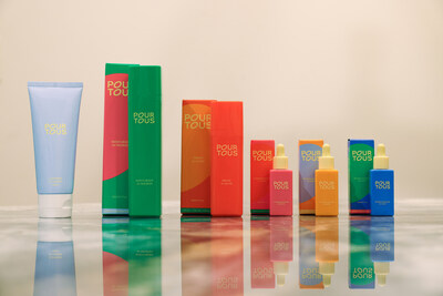 The Pour Tous collection features a cleanser, moisturizer, and a customizable serum system with three powerful boosters — designed for safe, personalized skin expression.