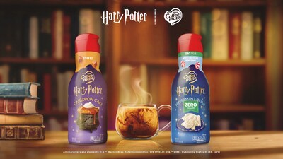 Curious fans can enjoy specialty drinks made with limited-edition Coffee mate® creamer flavors inspired by Honeydukes™ iconic candies: Toffee Cauldron Cake Flavored Creamer and Zero Sugar White Chocolate Peppermint Toad Flavored Creamer. (PRNewsfoto/Coffee mate®)