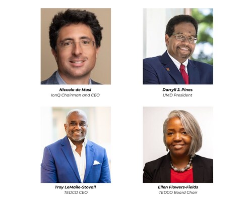 Niccolo de Masi, chairman and CEO of IonQ; TEDCO’s CEO, Troy LeMaile-Stovall, University of Maryland’s President,  Darryll J. Pines, and TEDCO’s Board Chair, Ellen Flowers-Fields. Niccolo de Masi, chairman and CEO of IonQ; TEDCO’s CEO, Troy LeMaile-Stovall, University of Maryland’s President,  Darryll J. Pines, and TEDCO’s Board Chair, Ellen Flowers-Fields.