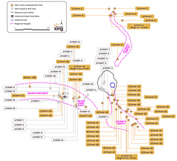 Figure 5. Simplified view of Atlanta Gold Mine Project area with locations of Atlanta North, Atlanta South, and Siver Park exploration targets with newly released Phase III drilling (CNW Group/Nevada King Gold Corp.) Figure 5. Simplified view of Atlanta Gold Mine Project area with locations of Atlanta North, Atlanta South, and Siver Park exploration targets with newly released Phase III drilling (CNW Group/Nevada King Gold Corp.)