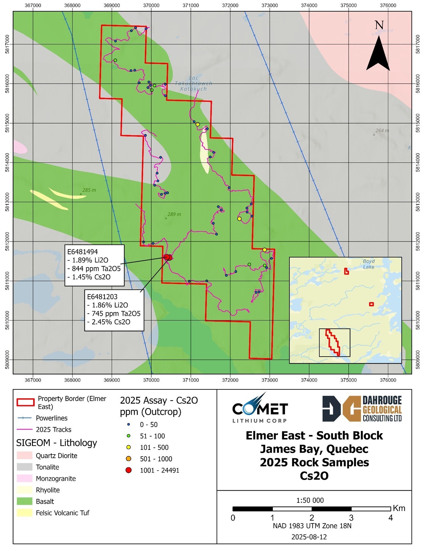 Figure 1: Elmer East – Map of Caesium Oxide Assay Results (CNW Group/Comet Lithium Corp.) Figure 1: Elmer East – Map of Caesium Oxide Assay Results (CNW Group/Comet Lithium Corp.)