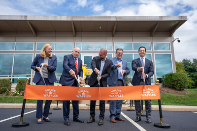 Golden Waffles officially opened its new headquarters and innovation center in Glen Mills, PA. Pictured at the official ribbon cutting (from left): Alison Miller and Tim Fallon of Arbor Investments; Golden Waffles CEO Mike DiBeneditto; Steelite CEO John Miles; and George Russell of Arbor Investments.