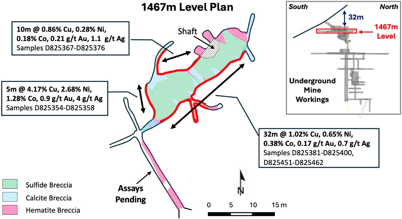 Figure 1 – 1467m Level plan at the former Providencia, channel sample results and interpreted geology (Inset: cross-section and level plan location) (CNW Group/Pan Global Resources Inc.) Figure 1 – 1467m Level plan at the former Providencia, channel sample results and interpreted geology (Inset: cross-section and level plan location) (CNW Group/Pan Global Resources Inc.)
