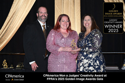 CPAmerica senior marketing manager, Amy Azoulay, APR (center), accepting the award from VP of Golden Image, Chris Graham, APR, CPRC (left), and FPRA state president Julie Frey, APR, CPRC (right).