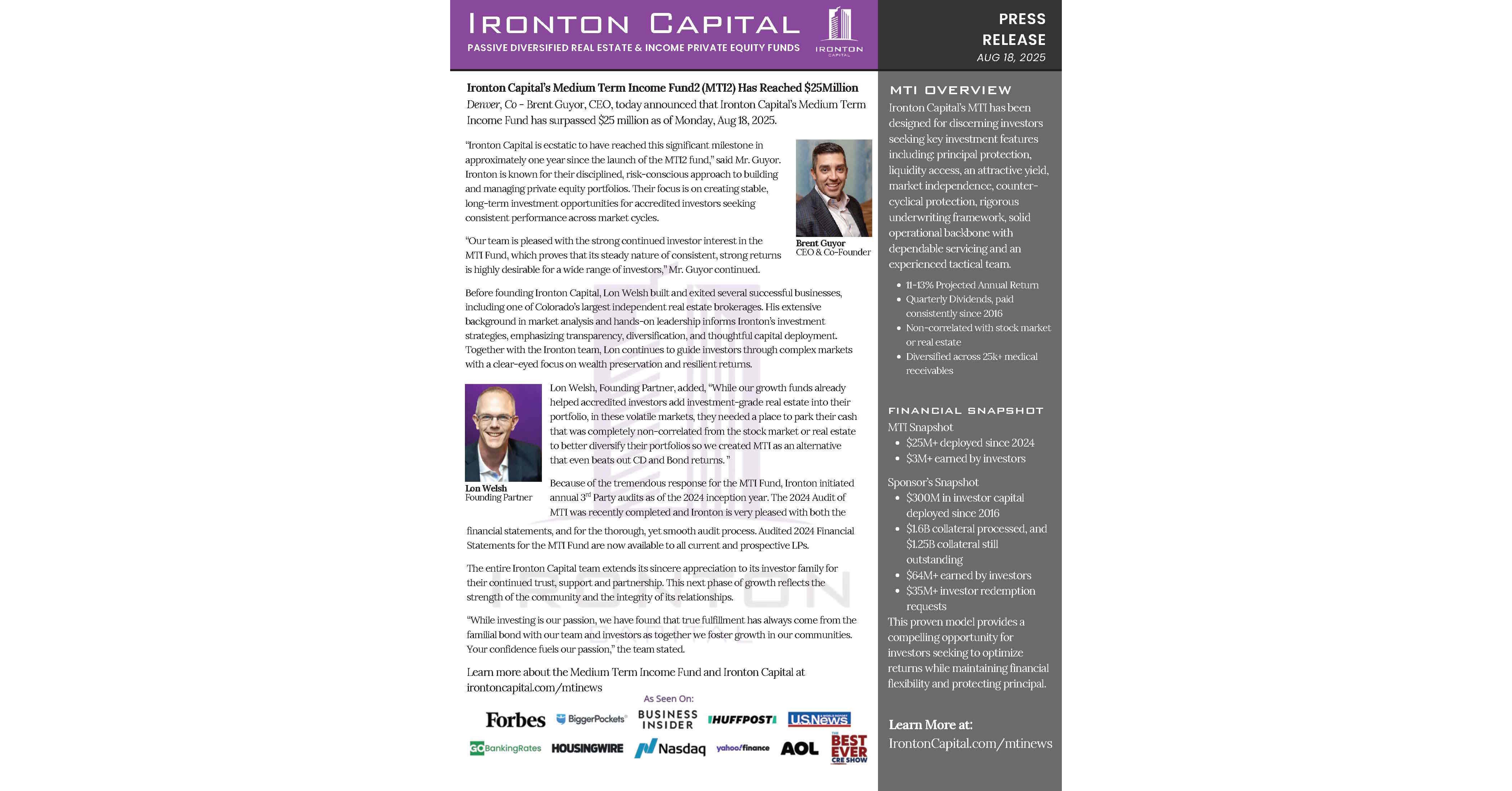 Ironton Capitals Medium Term Income Fund2 (MTI2) Has Reached $25Million Ironton Capitals Medium Term Income Fund2 (MTI2) Has Reached $25Million