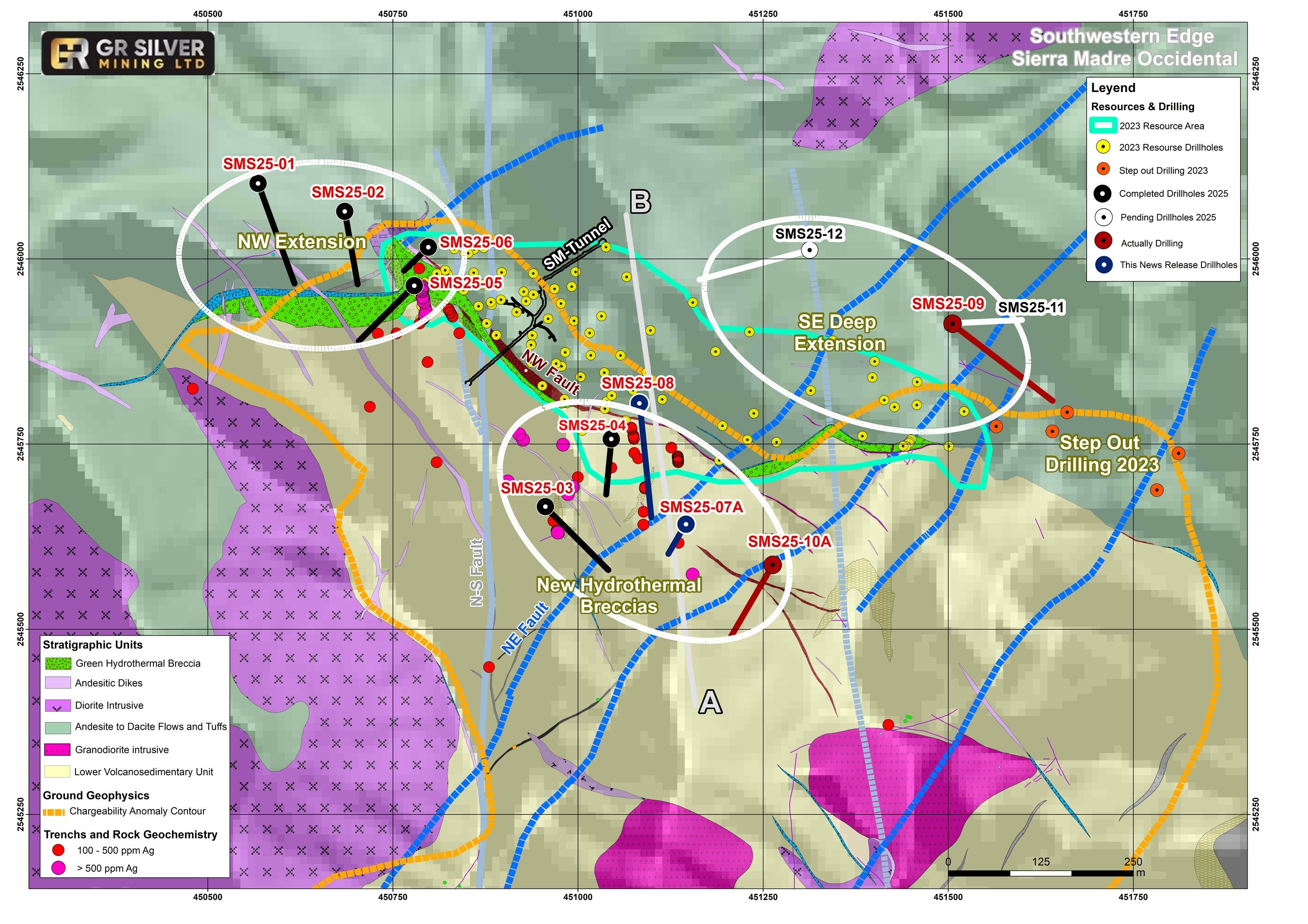 Figure 2 Geological Map San Marcial Area – Step-Out Drilling Targets (CNW Group/GR Silver Mining Ltd.) Figure 2 Geological Map San Marcial Area – Step-Out Drilling Targets (CNW Group/GR Silver Mining Ltd.)