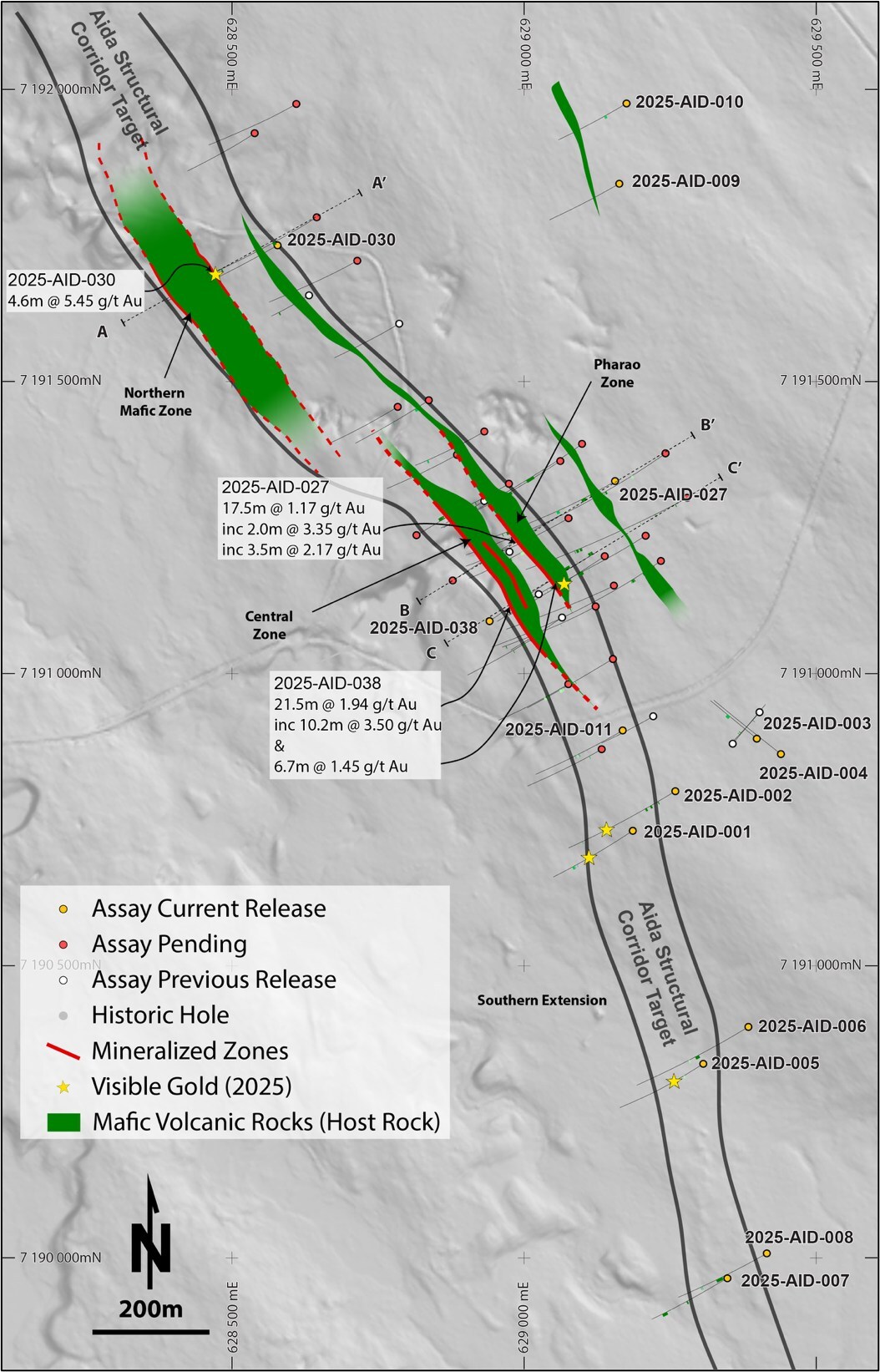 Figure 1: Plan map of the 2025 Aida drill program with mafic host units outlined within the Aida shear corridor. (CNW Group/First Nordic Metals Corp.) Figure 1: Plan map of the 2025 Aida drill program with mafic host units outlined within the Aida shear corridor. (CNW Group/First Nordic Metals Corp.)
