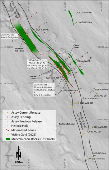 Figure 1: Plan map of the 2025 Aida drill program with mafic host units outlined within the Aida shear corridor. (CNW Group/First Nordic Metals Corp.)