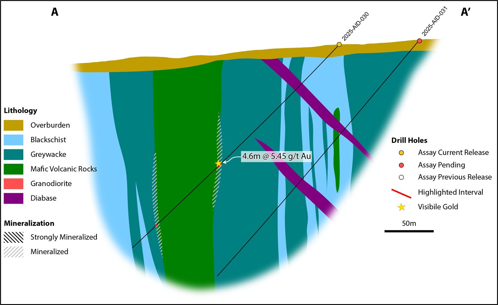 Figure 4: Section A-A’. Hole 2025-AID-030 intersecting 88 m of mafic rocks with ore grade mineralization along the edges and abundant anomalous gold values throughout the intersection. This mafic unit is not constrained down dip or along strike. (CNW Group/First Nordic Metals Corp.) Figure 4: Section A-A’. Hole 2025-AID-030 intersecting 88 m of mafic rocks with ore grade mineralization along the edges and abundant anomalous gold values throughout the intersection. This mafic unit is not constrained down dip or along strike. (CNW Group/First Nordic Metals Corp.)