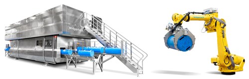 The Hiperbaric 525i High Pressure Processing (HPP) equipment and patented HPP basket loading and unloading robotic arm. (Photo courtesy of Hiperbaric) The Hiperbaric 525i High Pressure Processing (HPP) equipment and patented HPP basket loading and unloading robotic arm. (Photo courtesy of Hiperbaric)