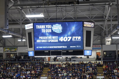Jumbotron at CAA Centre in Brampton showing 407 ETR's support of Hockey Night in Brampton (CNW Group/407 ETR Concession Company Limited)