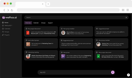 WethosAI Platform dashboard showing WethosXO, the AI mentor that delivers personalized, behavioral-science insights for CEOs, leaders, and teams. Features displayed include user profiles, calendar integration, group dynamics, comfort index, and shared conversations. The interface highlights how WethosAI transforms traits, biases, and real-time data into actionable coaching to improve decision-making, collaboration, and organizational performance. WethosAI Platform dashboard showing WethosXO, the AI mentor that delivers personalized, behavioral-science insights for CEOs, leaders, and teams. Features displayed include user profiles, calendar integration, group dynamics, comfort index, and shared conversations. The interface highlights how WethosAI transforms traits, biases, and real-time data into actionable coaching to improve decision-making, collaboration, and organizational performance.