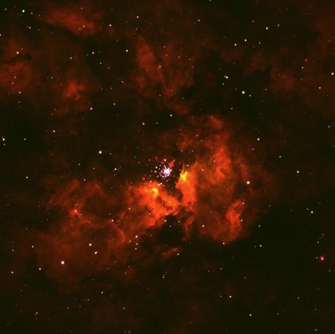 The region around NGC 3603 is surrounded by ionized hydrogen gas, shown in red. The star A1 is located in the central cluster of stars. Credit: This image was taken by N. Morrell, K. Farrell using the Las Campanas 1-meter telescope, and processed by P. Massey. The region around NGC 3603 is surrounded by ionized hydrogen gas, shown in red. The star A1 is located in the central cluster of stars. Credit: This image was taken by N. Morrell, K. Farrell using the Las Campanas 1-meter telescope, and processed by P. Massey.