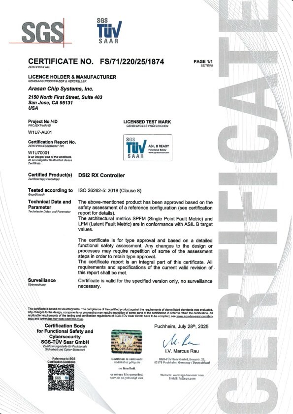 Le contrôleur MIPI DSI-2 Rx d'Arasan obtient la certification ISO 26262 ASIL-B