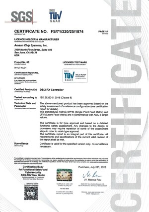 Arasan MIPI DSI-2 Rx Controller achieves ISO 26262 ASIL-B Certification